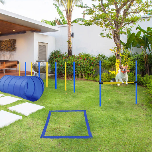 4-Piece Dog Agility Training Course Kit for Competitive Backyard Use - Blue/Yellow