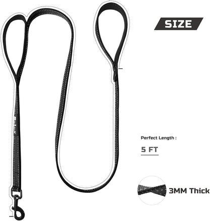 5-Foot Heavy-Duty Dog Leash with Dual Padded Handles and 3M Reflective Safety Features, Ideal for Training Large, Medium, or Small Dogs (Black)