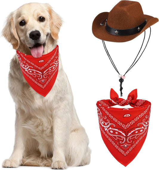 Paisley Dog Bandana Outfit Scarf with Cute Doggy Cowboy Hat, Halloween Costume Decorations Supplies for Small Medium Large Dogs Boy Girl Gifts, Brown & Red